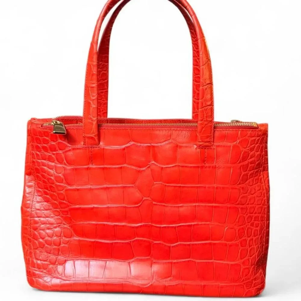 Furla Orange Croc Embossed Leather Satchel Top Handle Crossbody Bag Italy